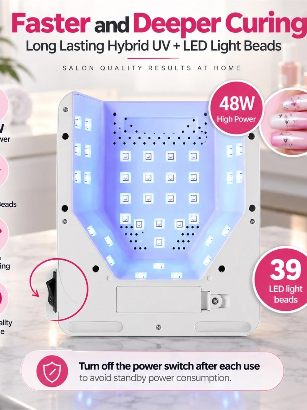 White LED Nail Lamp with Adjustable Arm - Professional Curing Station